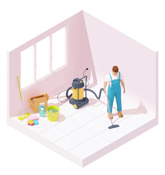 Vector isometric house, concept of home cleaning after renovation or construction.