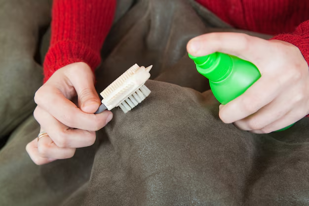 Concept of DIY sofa cleaning with brush and spray, close-up.