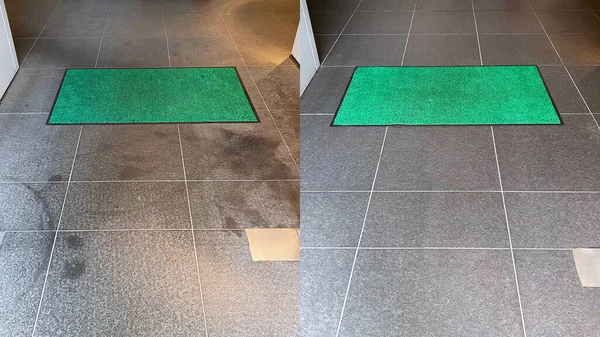 Before and after photos, removing oil stains and cleaning an entrance floor.