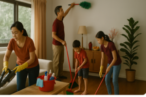 Family Cleaning together before Chinese New Year