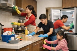 Family cleaning the kitchen