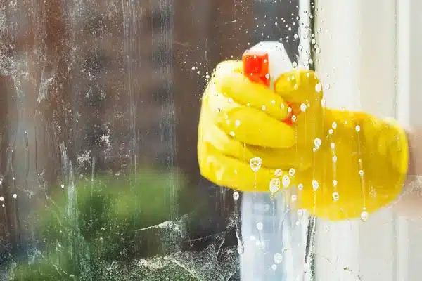 Foamy liquid on window glass during washing from spray bottle.