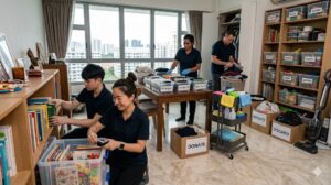 Professional cleaners decluttering an HDB flat