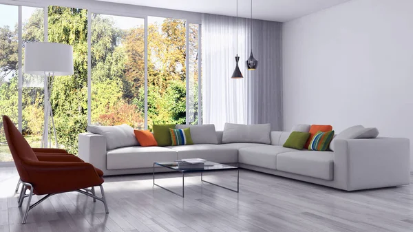 Modern bright interiors living room with white walls large windows and a white sofa