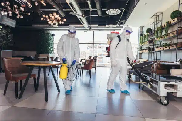 Two professional disinfectors in PPE disinfecting restaurant interior