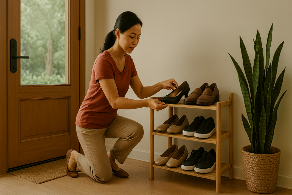 Woman fixing shoes by the door