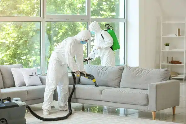 Workers in biohazard suit disinfecting the entire house.