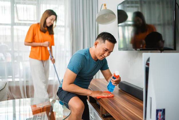 Asian couple doing house chores together, cleaning the living room.