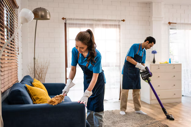 Two professional cleaning service workers cleaning a living room.