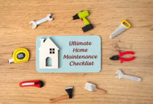 Notes, house and repair tools on the table, ultimate home maintenance checklist concept.