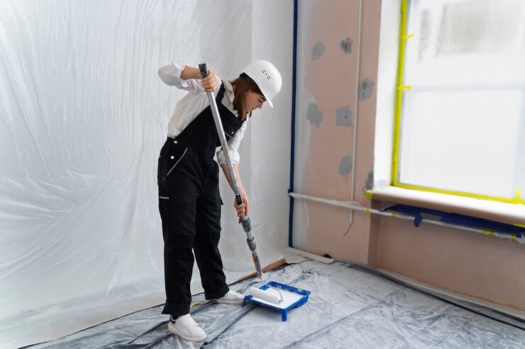 Full shot woman working with paint roller