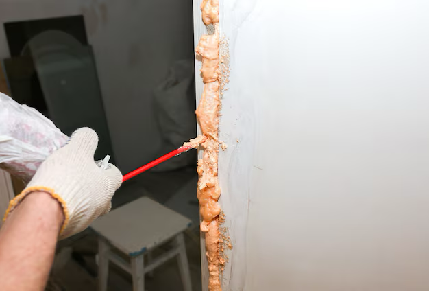 Installing the door with spray foam; repair and maintenance works in the home.