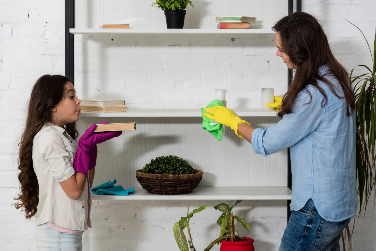 mother daughter cleaning together