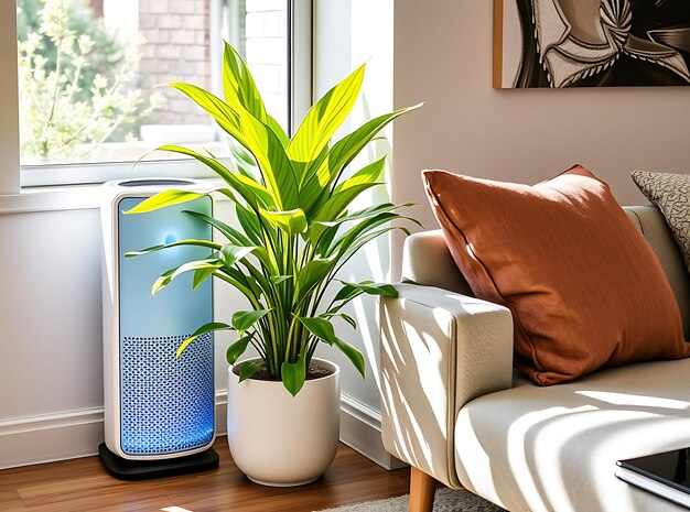 Air purifier next to vibrant plant and contemporary furniture