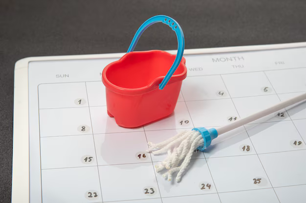 Small bucket and mop on a calendar, concept of general cleaning planned cleanup.