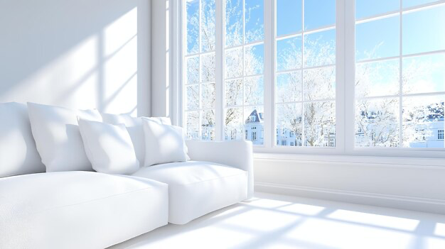 White couch by the window with winter scenery outside.